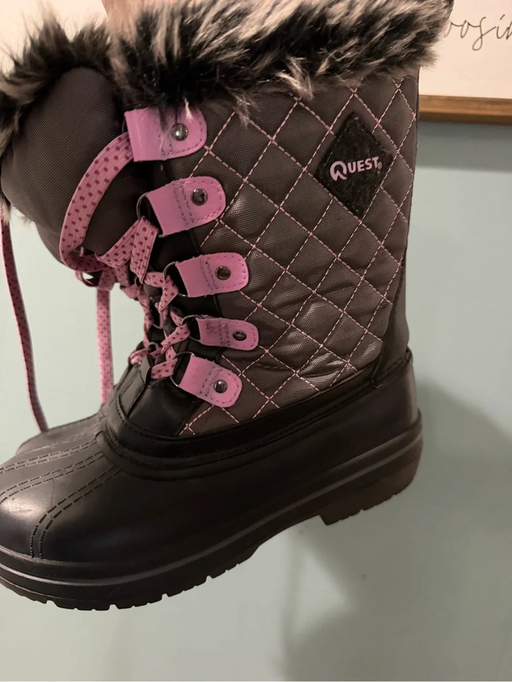 3M Thinsulate Quilted Winter Boots with Faux Fur Trim - Black & Pink